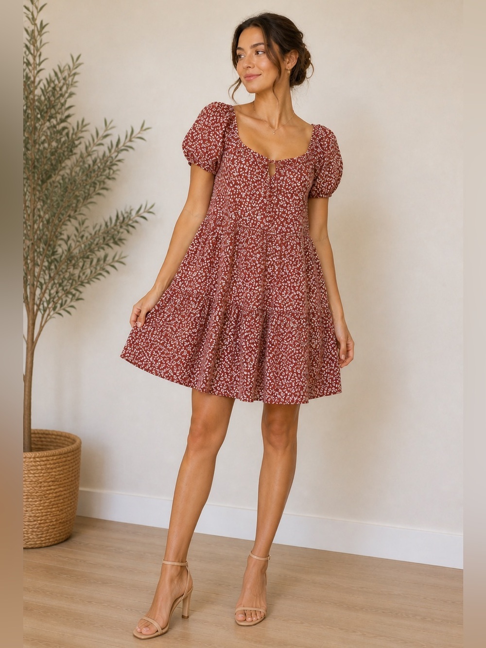 NWT LACAUSA Playa Crinkly Organic Cotton Mini Dress in Cocoa Mushroom Size Small